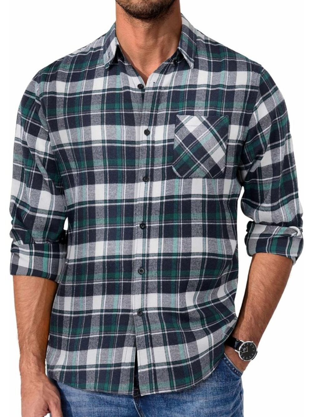 Men's White Green Polyester Blend Long Sleeve Casual Flannel Button Down Shirt